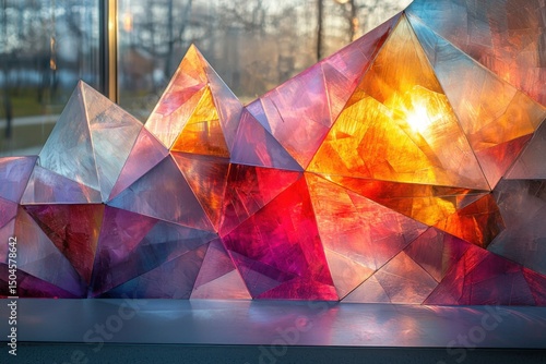 Artistic glass sculpture displaying colorful light patterns in urban gallery contemporary art environment