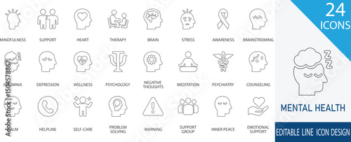 A modern collection of black line-style icons representing key mental health concepts, including therapy, self-care, emotional support, mindfulness, awareness, brain wellness, and more. I