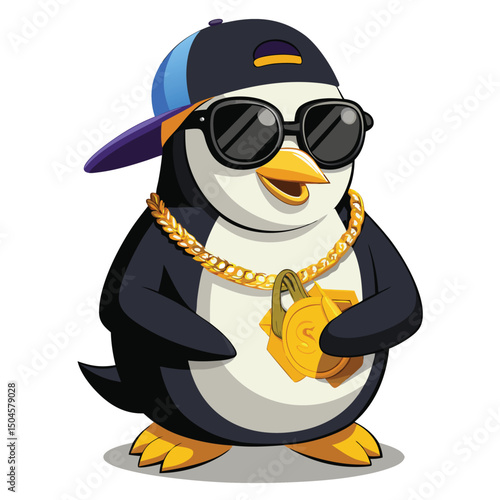 Cool cartoon penguin wearing sunglasses and gold chain ready to party or celebrate success