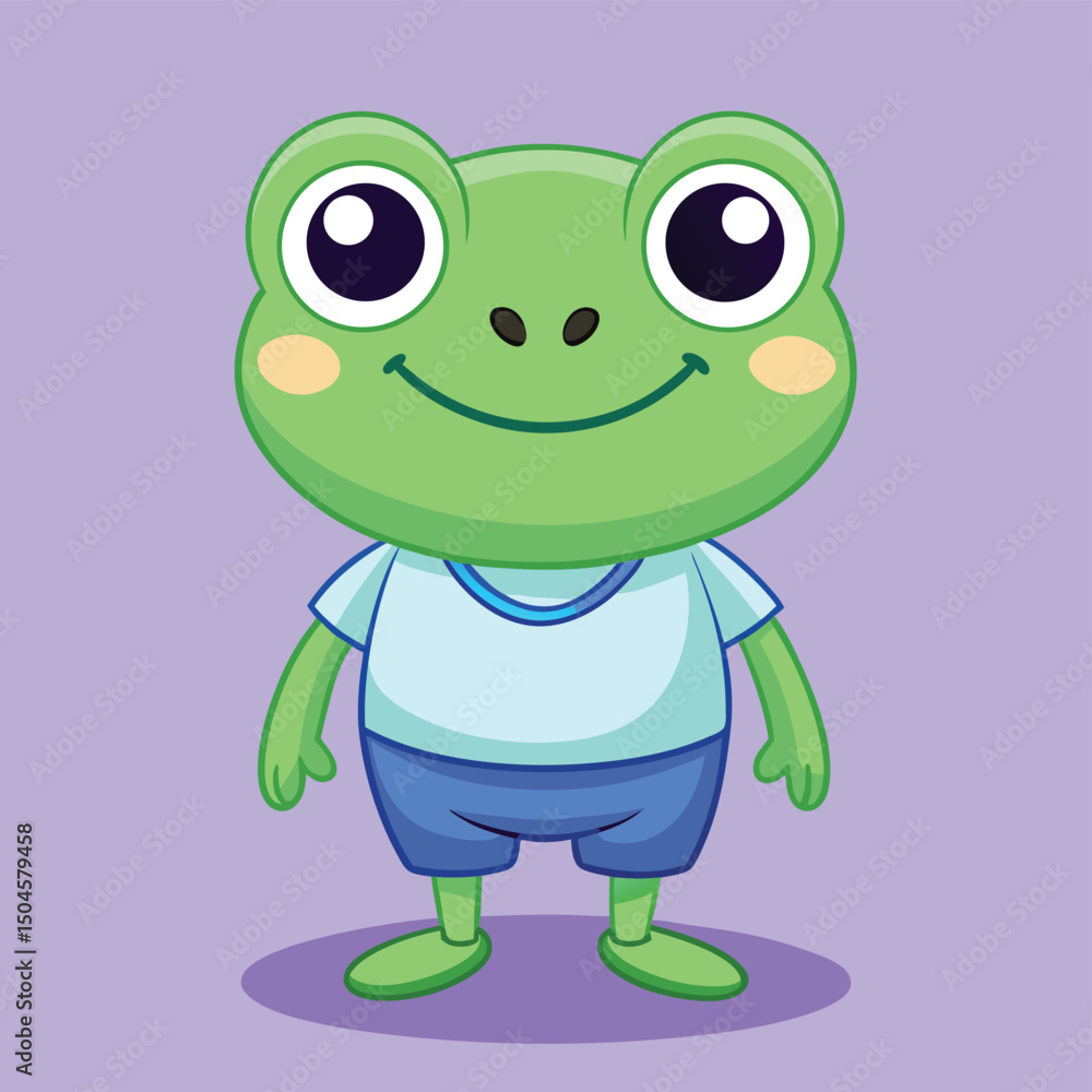 Obraz premium Cute cartoon illustration of a friendly green frog character wearing clothing on purple background
