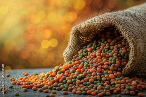 Wallpaper Mural Rustic image of colorful lentils spilling from a burlap sack, illuminated by a warm, bokeh-filled background. Torontodigital.ca