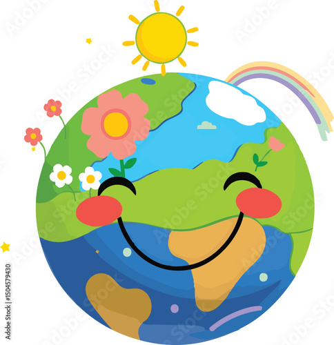 The illustration shows the planet Earth and the sun in a sky with clouds, representing nature and the vast landscape