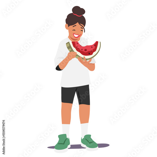 Hungry preteen girl cartoon character eating juicy natural watermelon slice isolated on white