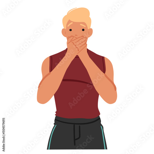 Handsome man athlete isolated cartoon character gesturing be quiet sign covering mouth with hands