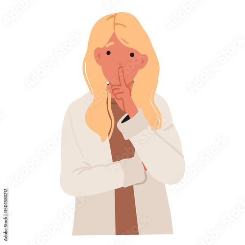 Young woman cartoon character gesturing silence putting finger on lips isolated on white background
