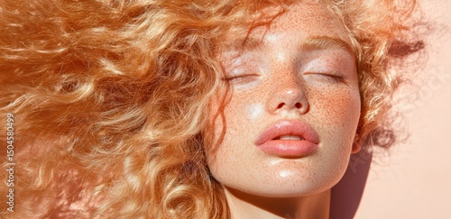 Portrait of a beautiful woman with luxurious shiny hair in soft golden light, elegant beauty concept with flowing strands and warm minimal background