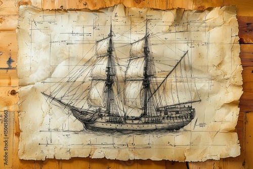 Historic ship blueprint illustration nautical design vintage drawing maritime art aged paper artistic perspective