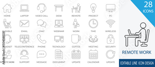 A modern and clean line icon set representing remote work and virtual office concepts. Includes icons for video conferencing, laptops, time tracking, document sharing, and remote coll