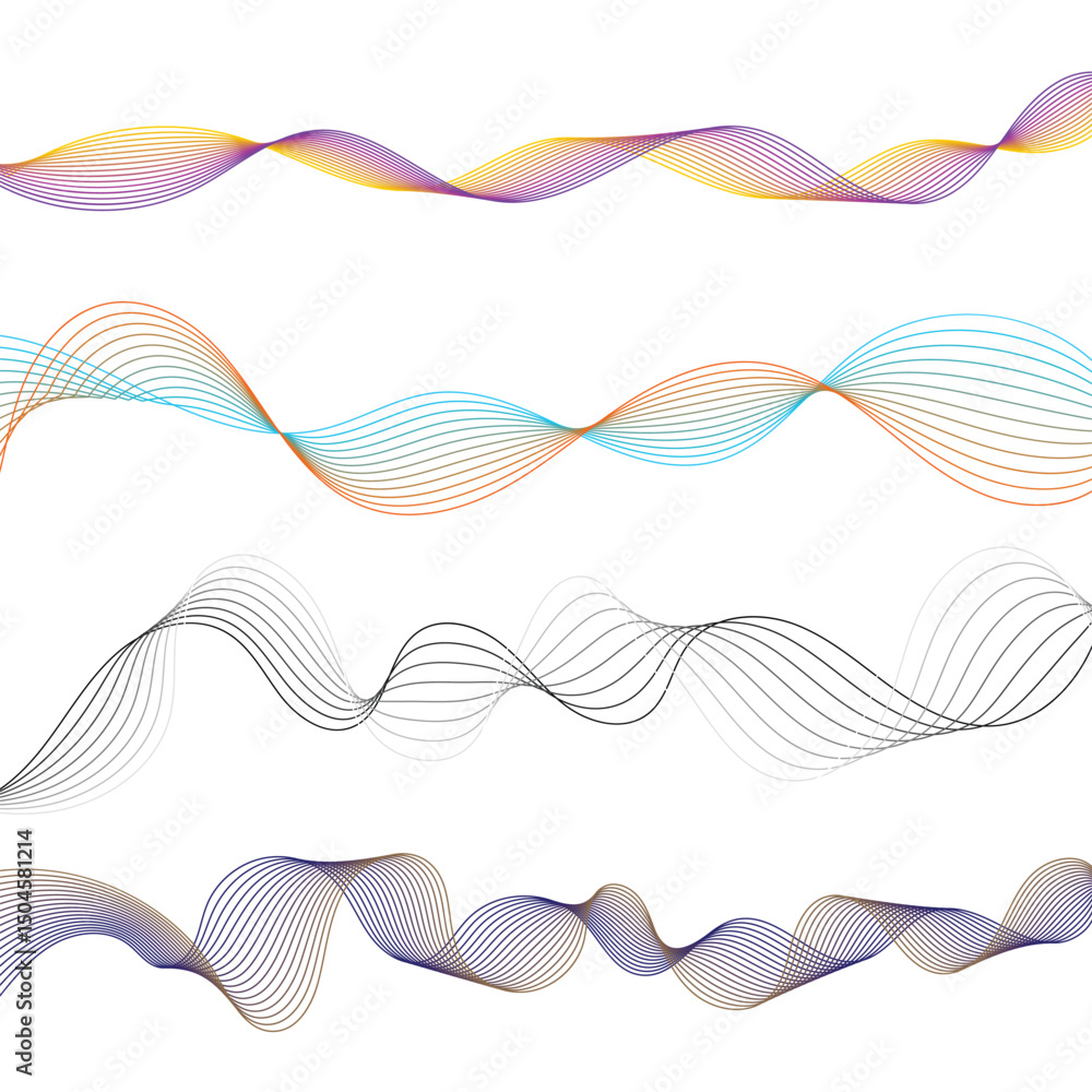 Fototapeta premium A set lines wave line of colored Abstract wavy stripes wave background wave shaped modern concept on white background. Design element for science technology vector background 