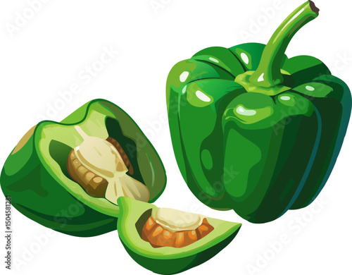 Sweet green bell peppers, A green bell pepper whole and sliced on a white background 