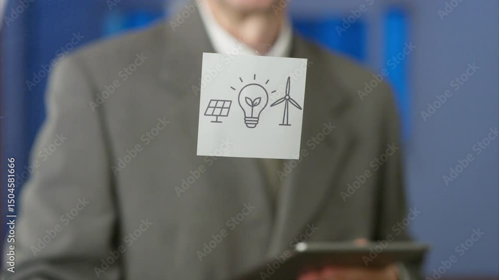 Businessman is using a smartphone, and a sticky note with a light bulb and green energy icons appears on a transparent board in front of him