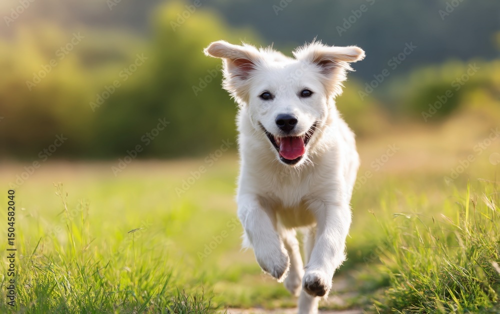 a happy dog running toward its owner with open arms in a sunny meadow, motion blur in background a happy dog running toward its owner with open arms in a sunny meadow, motion blur in background