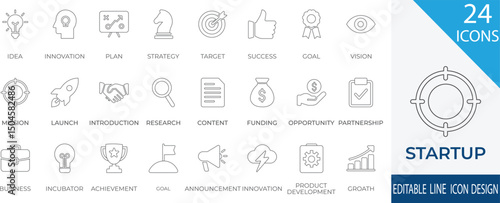A minimal and modern startup line, icon set representing essential business elements like idea, innovation, planning, success, and vision.
