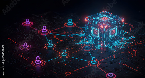 AI agent orchestration network with glowing digital data cube