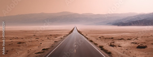 aerial flat desert highway stretching into the horizon, soft heat haze effect, vintage summer tones