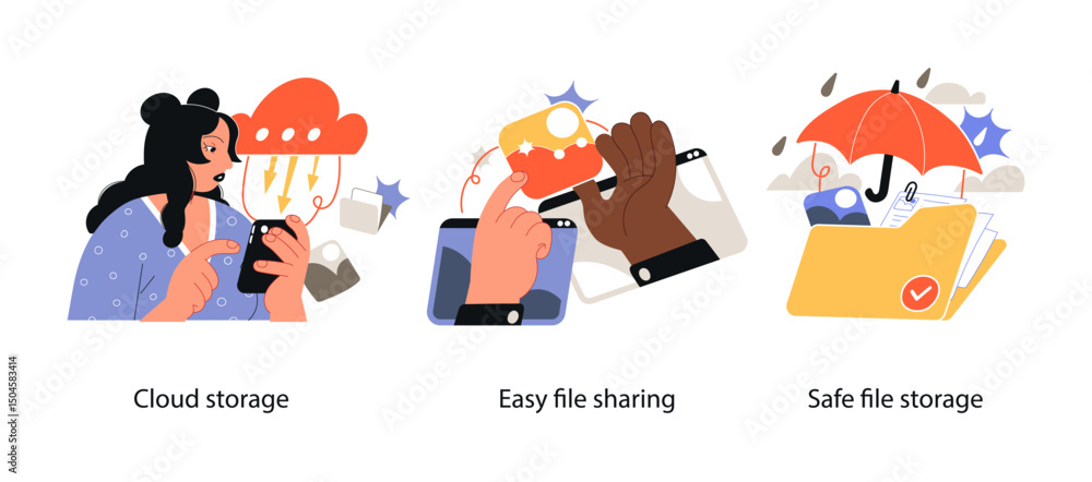 Fototapeta premium Illustration showing cloud storage, safe digital file keeping, and simple file sharing between devices for secure access and transfer.