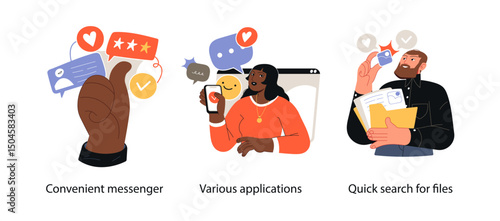 Illustration showing modern business tools including chat apps, mobile applications, and fast file search for productivity.