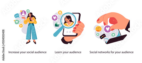 Illustration focused on social media marketing strategies to increase followers, study audience behavior, and optimize network engagement.