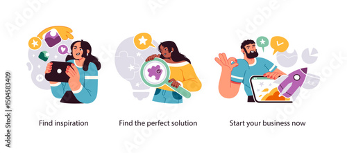 Illustration depicting the process of finding inspiration, identifying solutions, and launching a new business venture successfully.
