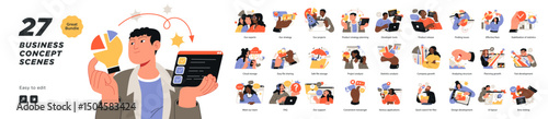 Colorful collection of 27 business concept illustrations, including project planning, analysis, development, support, and growth strategies.
