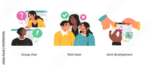 Illustration set showing team communication, group chat interaction, and joint development of creative digital projects in business.
