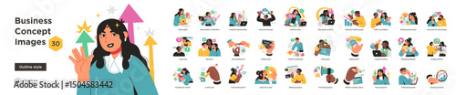 Vector set of 30 colorful business concept illustrations covering teamwork, analytics, growth, content, cloud, and customer support.