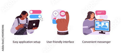 Illustration showing easy application configuration, user-friendly interface buttons, and a person using a convenient messenger on a computer.