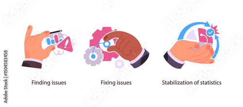 Illustrated concept of identifying issues, fixing problems with gears, and stabilizing statistics through analytics and tracking systems.