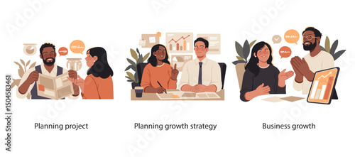 Illustration set showing professionals collaborating on project planning, growth strategy development, and celebrating successful business performance.