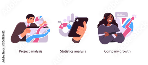 Illustration showing project analysis, statistics tracking on mobile devices, and business growth with upward charts and confident professionals.