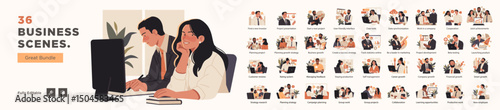 Editable vector bundle of 36 business scenes including teamwork, project planning, growth strategies, and professional collaboration for digital use.