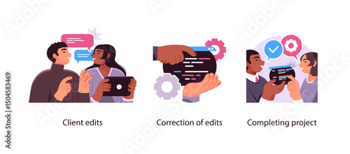Illustration series showing stages of client feedback, edit correction, and successful project completion in a collaborative workflow.