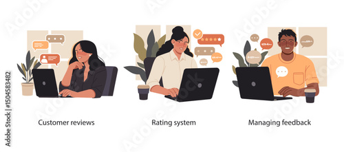 Illustration set showing professionals using laptops to read customer reviews, manage ratings, and handle client feedback in business environments.