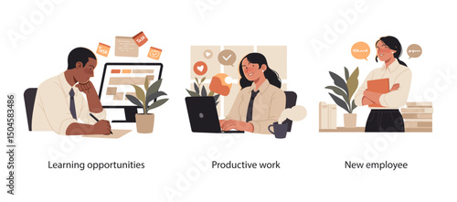 Illustration set showing business professionals engaged in learning new skills, performing productive work, and welcoming a new team member.