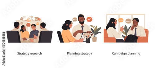 Illustration set showing office professionals working together, forming partnerships through cooperation, and celebrating shared achievements with growth charts.