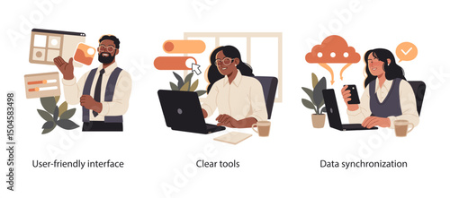 Illustration set showing a user-friendly interface, clear digital tools, and seamless cloud data synchronization across laptop and smartphone devices.