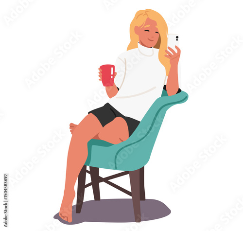Smiling woman cartoon character drinking coffee using phone sitting on armchair isolated on white