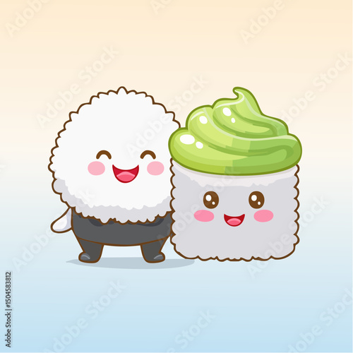 Kawaii Sushi and Wasabi Friends – Flat Vector