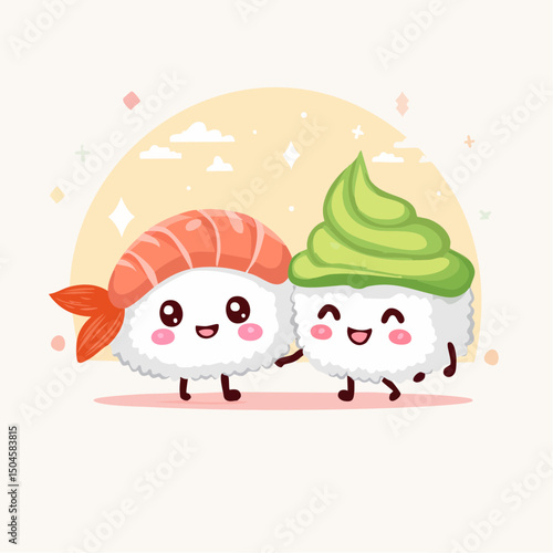 Kawaii Sushi and Wasabi Friends – Flat Vector