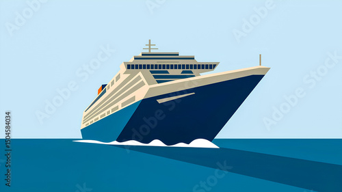 Fototapeta Naklejka Na Ścianę i Meble -  
Stylized illustration of a large cruise passenger liner sailing the blue ocean on a sea cruise with space for text. Symbol of vacation, adventure and luxurious rest.