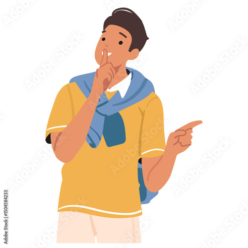 Young happy smiling casual guy cartoon character gesturing silence hand sign pointing finger aside