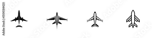 Vector illustration of four unique airplane icons depicting different styles and orientations for diverse design applications