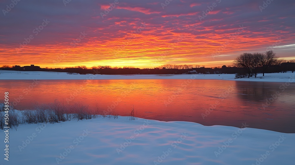Fototapeta premium Fiery Winter Sunrise over Frozen Lake Landscape