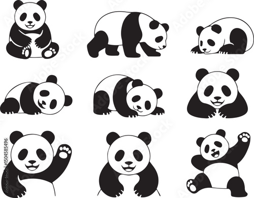 Nine adorable panda bear illustrations in various poses