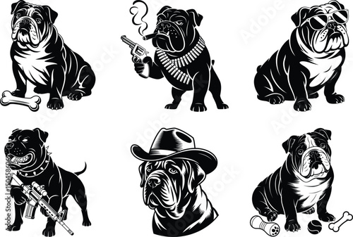 English Bulldog Silhouette Bundle, English Bulldog Vector art. Pet Svg illustration.