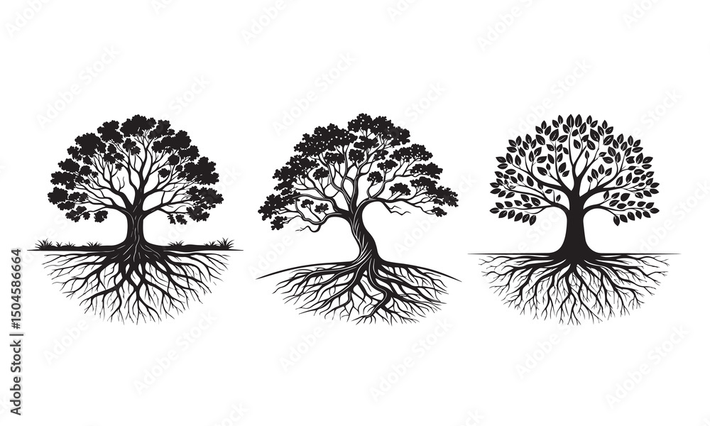 Naklejka premium Silhouette Vector Set of Trees with Deep Roots – Symbolic Nature Icons Representing Growth, Strength, and Stability