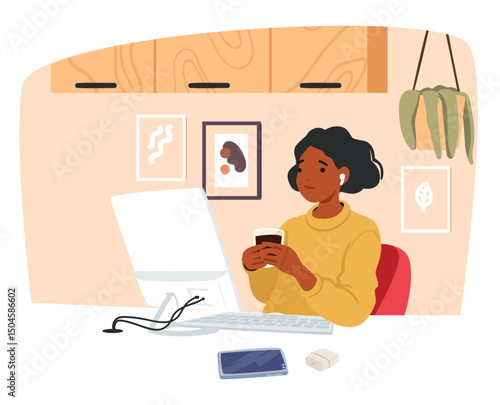 Woman remote employee character sitting front of computer monitor and drinking coffee cartoon scene