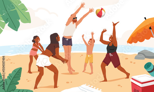 Happy family characters playing beach volleyball throwing ball to each other cartoon scene