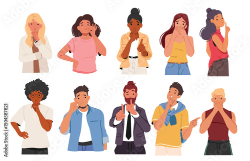 Diverse people cartoon characters showing be quiet, secrete, silence variety of gesture isolated set