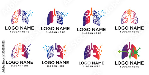 Lung logo set with colorful technology logo vector, Healthy lungs logo set template design